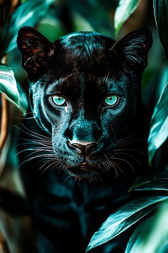 Zwarte panter tussen junglebladeren