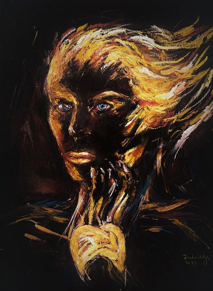 Frau mit goldenem Haar und blauen Augen. Handbemalt. von Ineke de Rijk