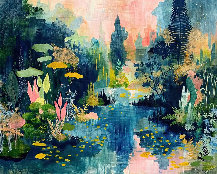 Ochtendlandschap | Serene Sunrise Scene van Abstract Schilderij