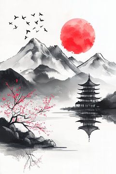 Asiatische Landschaft mit Sonnenuntergang von Poster Art Shop