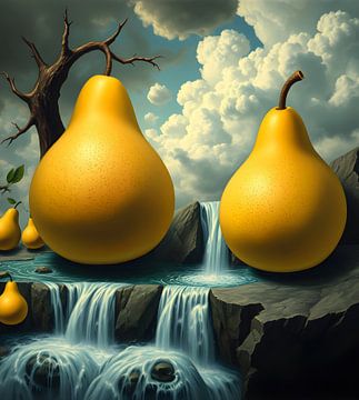 Kunst met fruit in het landschap Dali stijl van Egon Zitter