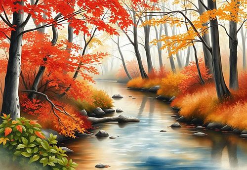 De omarming van de herfst: Een levendige rivierreis door een bos van karmozijnrood en goud