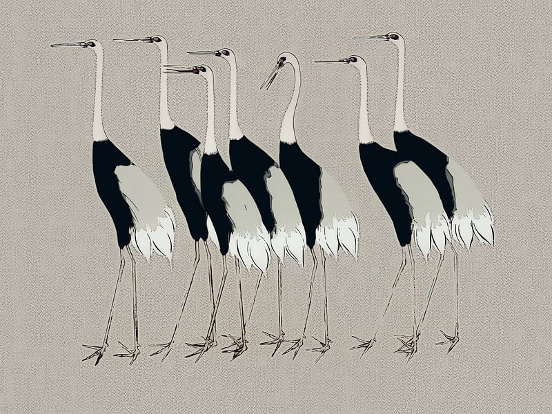 Japan cranes on grey texture by Mad Dog Art