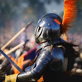 Oranjegezinde ridder in harnas en helm rijdt te paard op historisch slagveld van Fotografiecor .nl