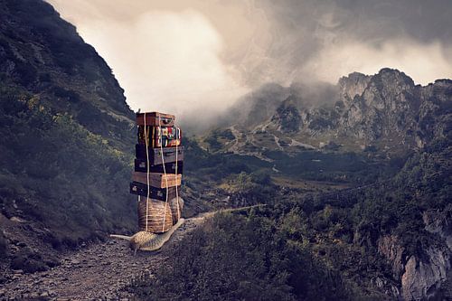 Fantasievolle Slak Backpacking in de Bergen – Humoristische Wanddecoratie