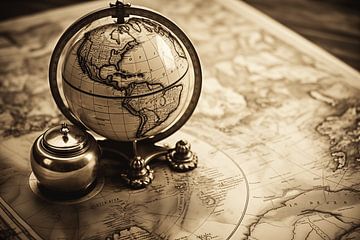 Old retro globe with a map in the background, monochrome by Animaflora PicsStock