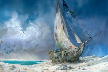 Schilderij van een verlaten schipwrak op een strand na een storm, klassiek, blauw van Peter Pen tekeningen en schilderijen