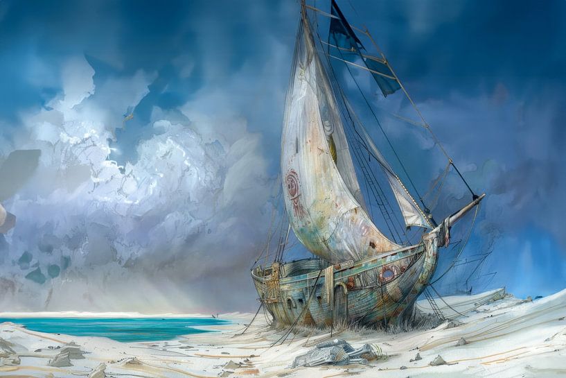 Gemälde eines verlassenen Schiffswracks an einem Strand nach einem Sturm, klassisch, blau von Peter Pen Zeichnungen und Gemälde