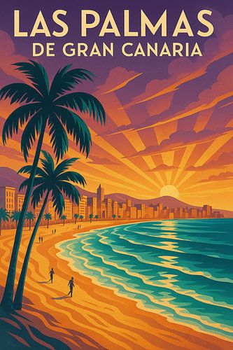 Las Palmas Art Deco Strand Zonsondergang Poster