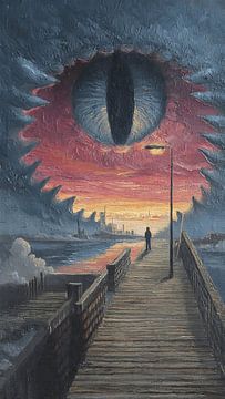 Art numérique vintage surréaliste : Rencontre effrayante avec Dieu Illustration en couleur