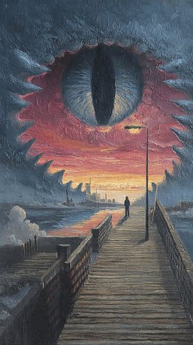 Surrealistische vintage digitale kunst: griezelige ontmoeting met God Full colour illustratie