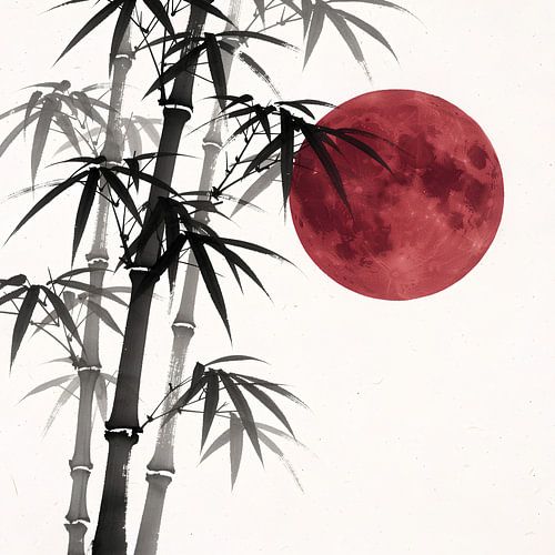Mystical Crimson Moon and Bamboo Forest Traditional Japanese Ink Wash Painting