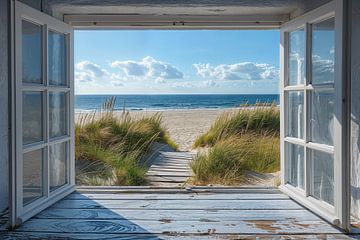 Uitzicht door wit raam op strand en zee