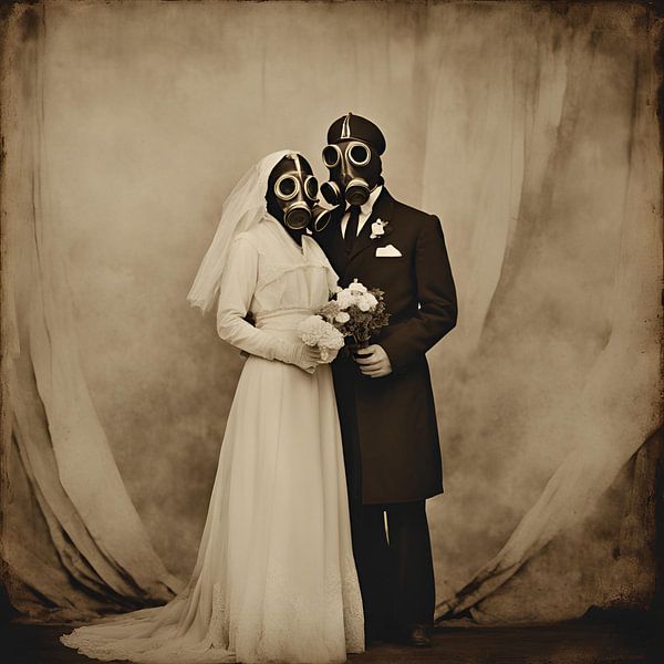 Toilet Art, wedding couple gas masks by FoXo Art