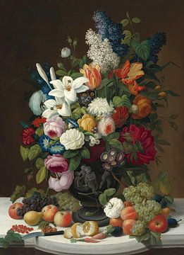 Stilleven met bloemen en fruit, Severin Roesen