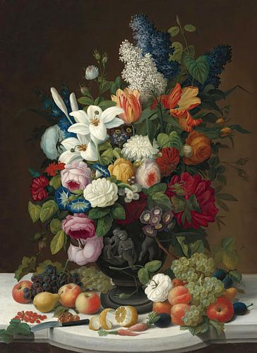 Stilleven met bloemen en fruit, Severin Roesen