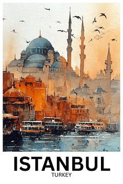 Horizon d'or - Aquarelle de l'horizon d'Istanbul sur Jaladri Atelier