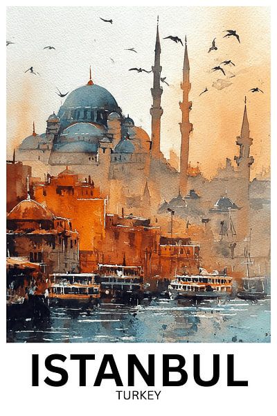 Horizon d'or - Aquarelle de l'horizon d'Istanbul par Jaladri Atelier