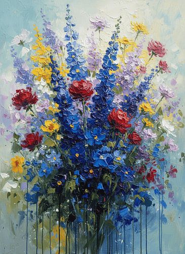 Levendig impasto-olieverfschilderij met bloemenmotief van blauwe riddersporen