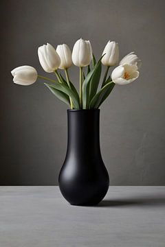 Tulipes blanches minimalistes dans un élégant vase noir sur De Muurdecoratie