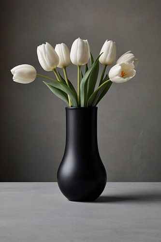 Minimalistische Witte Tulpen in Elegante Zwarte Vaas