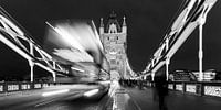 Double decker bus on Tower Bridge in London / black and white by Werner Dieterich thumbnail