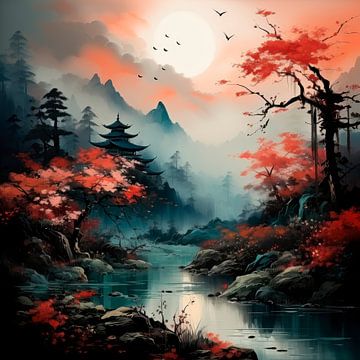 Japanse pagode aan de rivier in de avondschemering