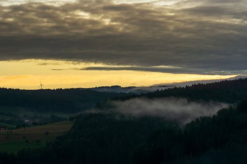 Warme zonsondergang boven het zwarte bos bedekt met mist in de herfst