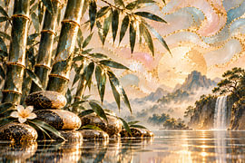 Zen stones with bamboo & a waterfall | Asian landscape in green, cream & gold | Landscape-format poster by ButterflyPix