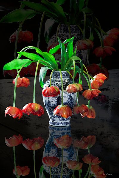 Dutch still life delfs blue vase with orange tulips in the style of the Dutch masters by ina kleiman