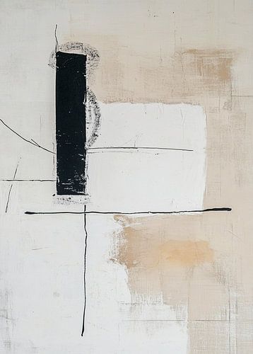 Abstract Minimalistisch Schilderij met Zwarte Lijnen en Witte Vormen - Japandi Woonstijl