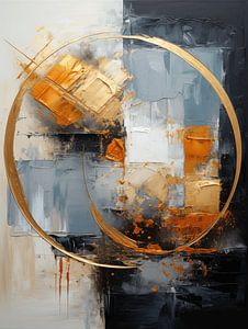 Moderne abstrakte Malerei in Blau, Orange und Gold