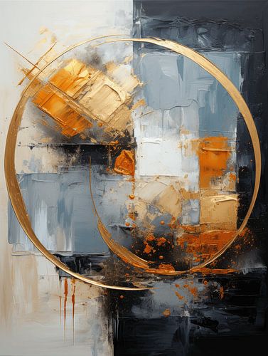 Modern abstract schilderij in blauw, oranje en goud