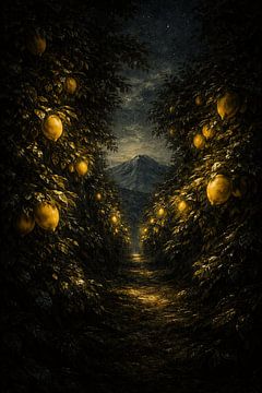 Midnight in Sicily Lemon Grove Canvas - Moody Night Landscape Wall Art - Mount Etna Gothic Garden Print by adib maula