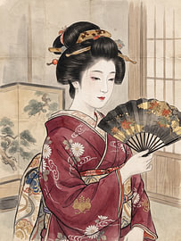 Une élégante geisha de l'époque d'Edo avec un éventail d'automne sur my pixel art