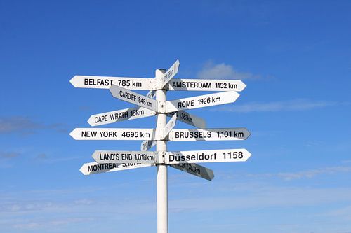 White sign post against a blue sky