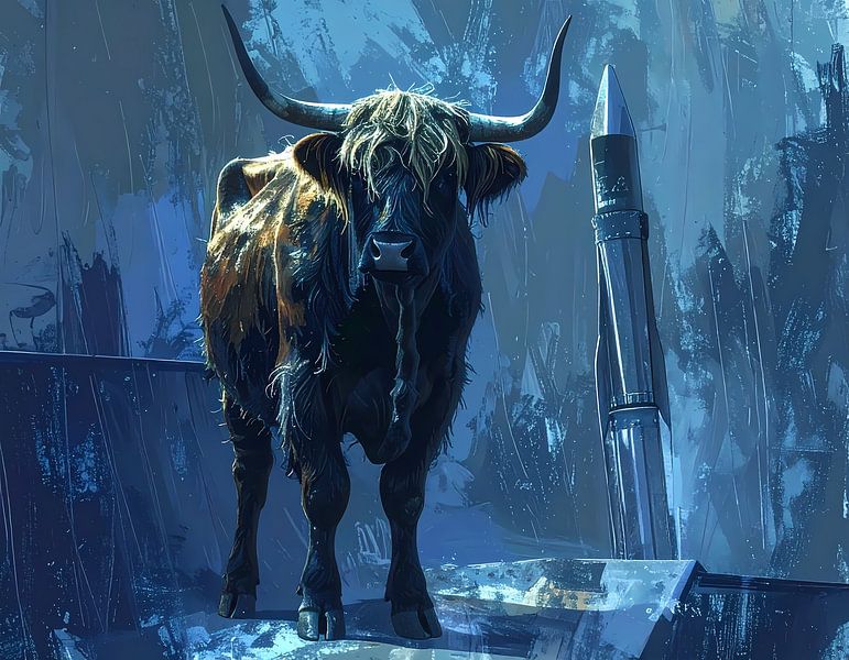 Artwork in blue with Scottish highlander by Emiel de Lange