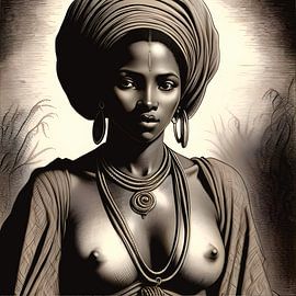 Etching African woman in nature landscape