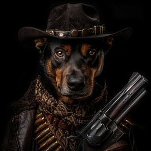 Cowboy schwarzer Hund mit Gewehr