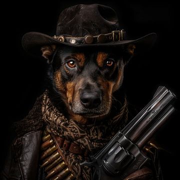 Cowboy zwarte hond met pistool van TheXclusive Art