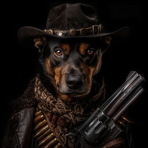 Cowboy schwarzer Hund mit Gewehr