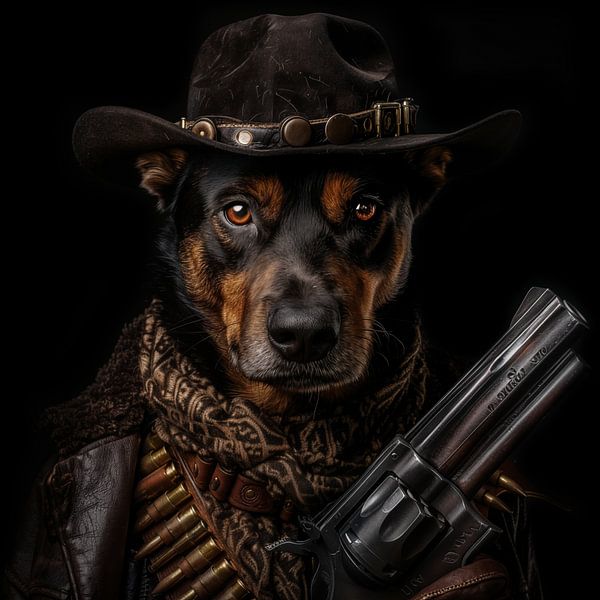 Chien noir cow-boy avec fusil par TheXclusive Art