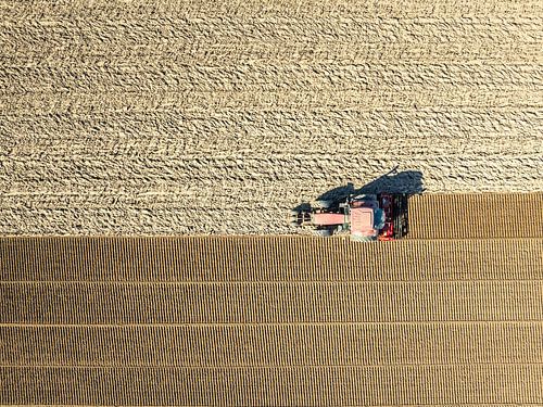 Tractor bewerkt de grond in de lente van bovenaf gezien