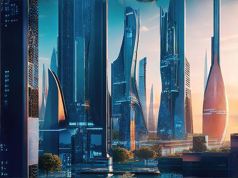 Een futuristisch kleurrijk stadsgezicht - 13 van Leo Luijten