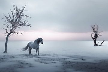 Das Pony in einer Winterlandschaft unter der Blüte. von Karina Brouwer