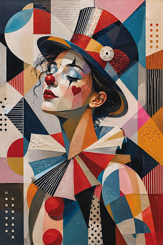 Female Clown a cubist painting.