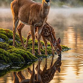 Deer family in the golden morning light by the lake by Max Steinwald