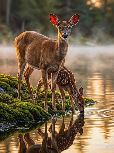 Reeënfamilie in het gouden ochtendlicht aan het meer van Max Steinwald