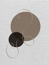 Modern, minimalistisch, abstrakt: Braune Kreise und geschwungene Zierlinie auf grauem Papier