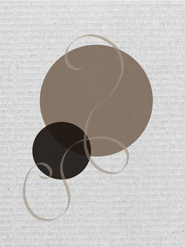 Modern Minimalistisch Abstract: Bruine cirkels en krullende sierlijn op grijs papier